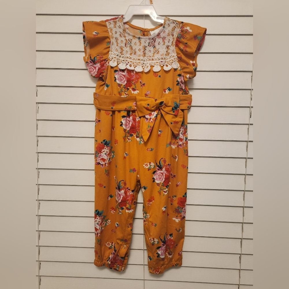 Rare Editions Floral Mustard Yellow Jumpsuit with Lace Detail Size 24 Months